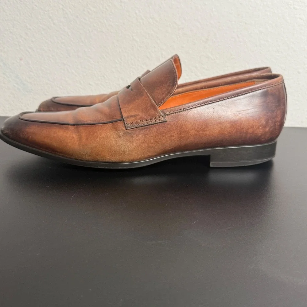 Santoni Penny Loafer Mens 11.5 Brown Leather Burnished Apron Toe Made in Italy